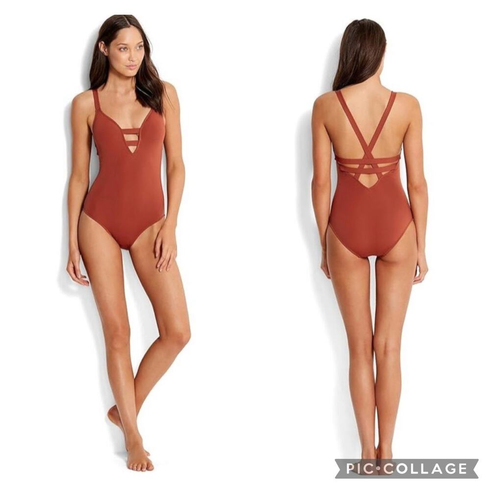 Seafolly Active Deep V Plunge One Piece Swimsuit Burnt Amber Size US 10